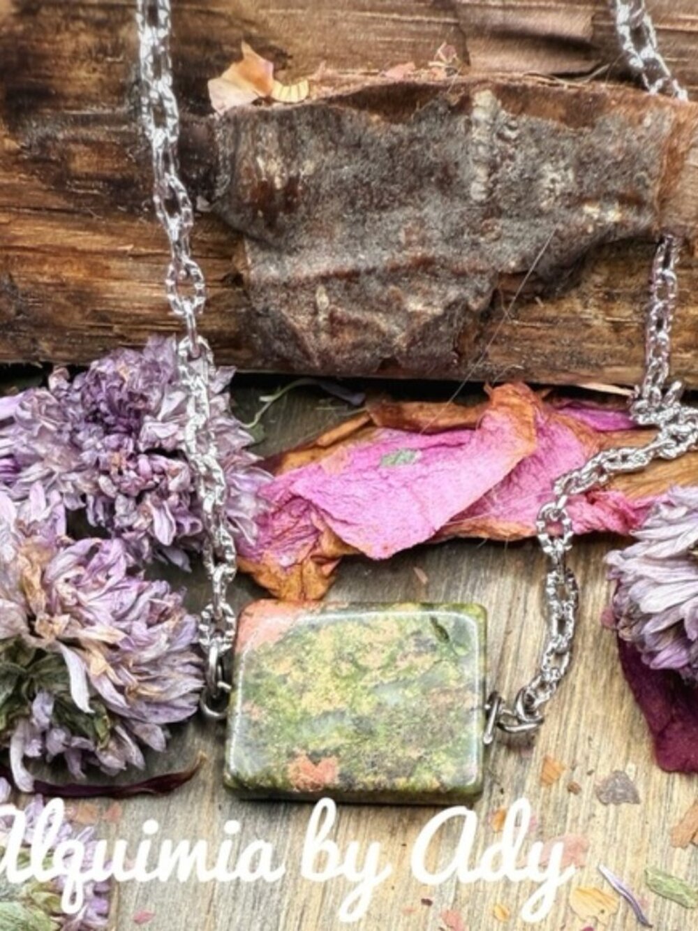 Huge Unakite SQUARE silver pendant necklace BOHO EARTHY+NEUTRAL - Picture 2 of 2
